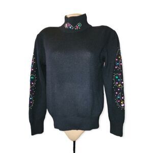 Vintage Doncaster Lambswool & Angora Black Beaded Mock Neck Sweater Size M